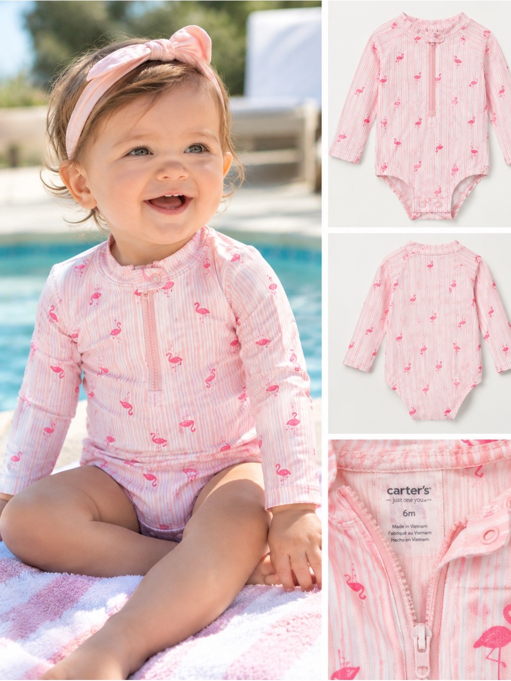 Carter’s Just One You Flamingo Rash Guard Swimsuit 6M Pink Striped